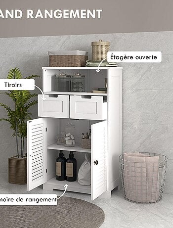 Meuble de salle de bain 2 portes persiennes 2 tiroirs niche blanc