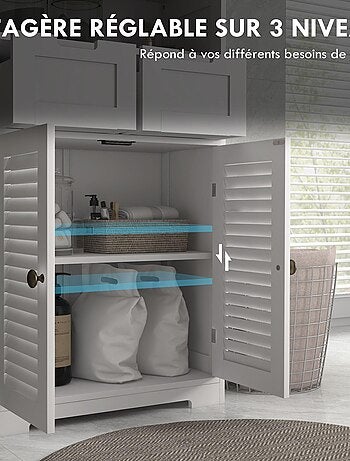 Meuble de salle de bain 2 portes persiennes 2 tiroirs niche blanc