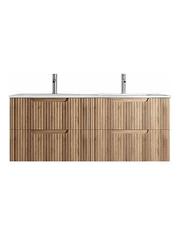 Meuble de salle de bain double vasque encastrée avec façade ondulée et rangements spacieux
