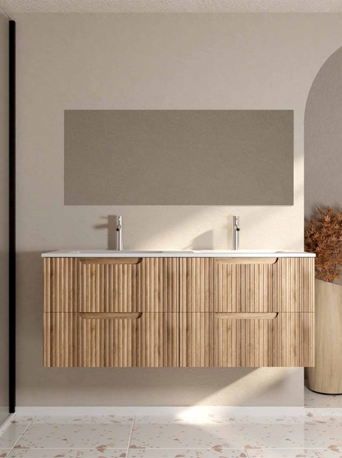 Meuble de salle de bain double vasque encastrée avec façade ondulée et rangements spacieux - Kiabi