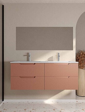 Meuble de salle de bain double vasque encastrée avec façade ondulée et rangements spacieux