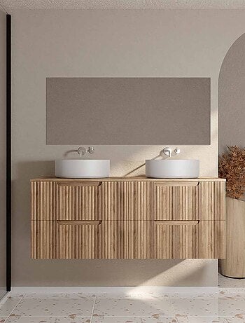 Meuble de salle de bain double vasque ronde avec façade ondulée et rangements intégrés