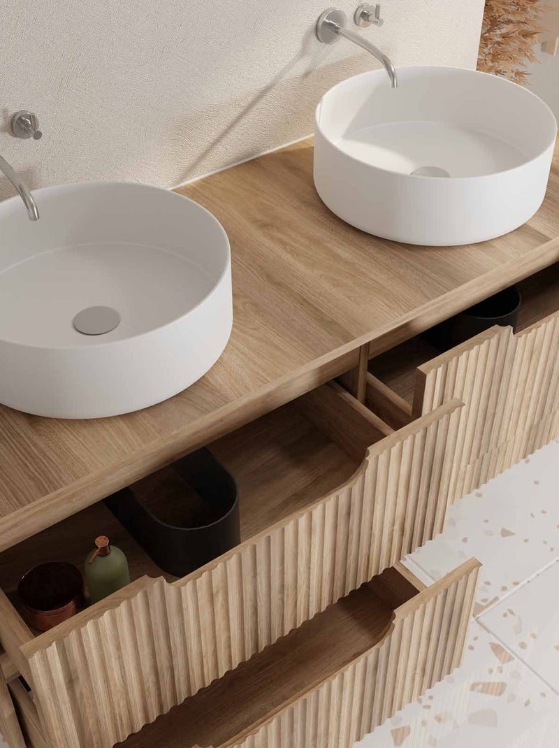 Meuble de salle de bain double vasque ronde avec façade ondulée et rangements intégrés Beige clair - Kiabi