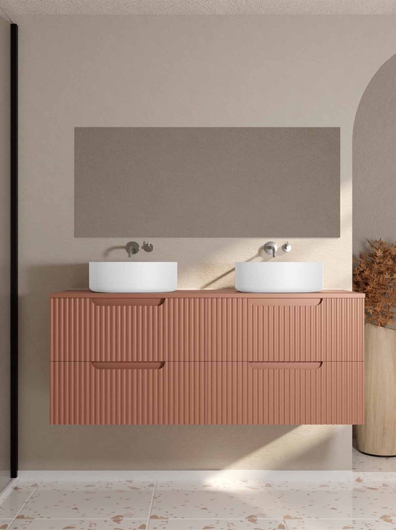 Meuble de salle de bain double vasque ronde avec façade ondulée et rangements intégrés Terracotta - Kiabi