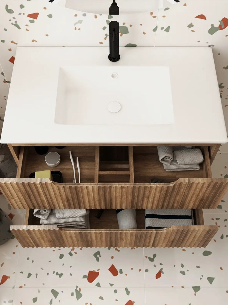 Meuble de salle de bain ondulé à suspendre avec vasque à encastrer Beige clair - Kiabi