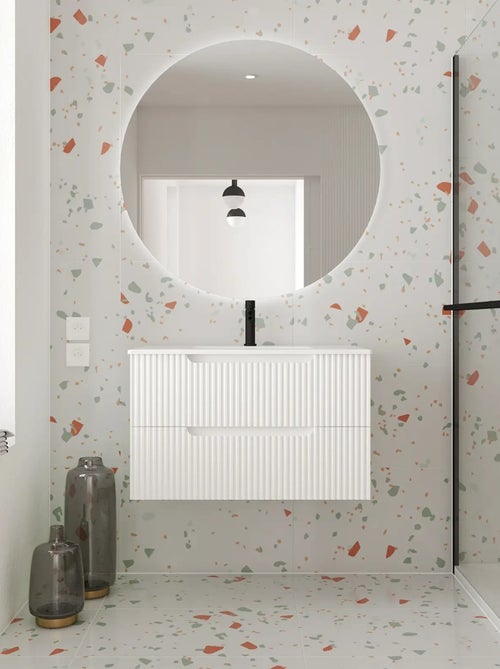Meuble de salle de bain ondulé à suspendre avec vasque à encastrer - Kiabi Meuble de salle de bain ondulé à suspendre avec vasque à encastrer - Kiabi