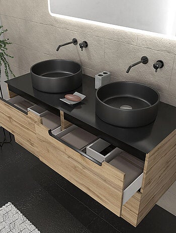 Meuble de salle de bains avec 2 vasques rondes et 1 miroir rectangulaire à led