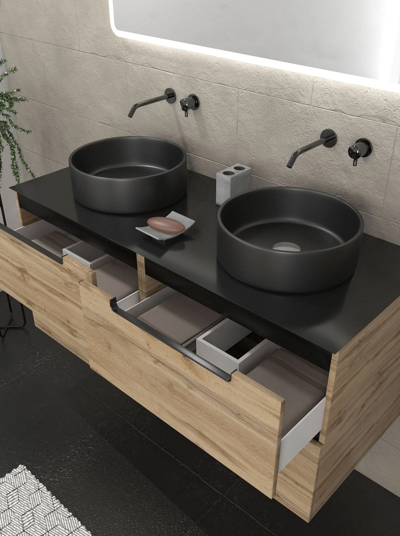 Meuble de salle de bains avec 2 vasques rondes et 1 miroir rectangulaire à led Beige clair - Kiabi