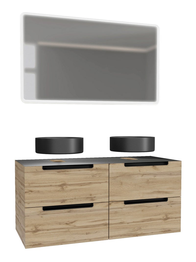 Meuble de salle de bains avec 2 vasques rondes et 1 miroir rectangulaire à led Beige clair - Kiabi