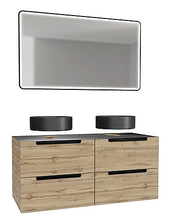 Meuble de salle de bains avec 2 vasques rondes et 1 miroir rectangulaire à led noir