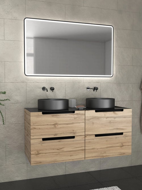Meuble de salle de bains avec 2 vasques rondes et 1 miroir rectangulaire à led noir - Kiabi