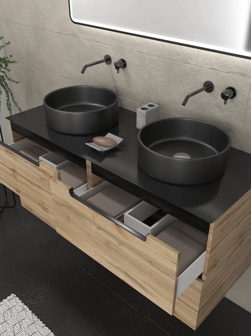 Meuble de salle de bains avec 2 vasques rondes et 1 miroir rectangulaire à led noir - Kiabi