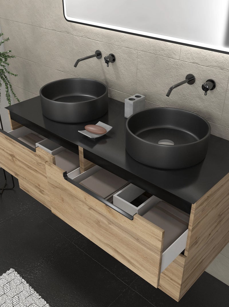 Meuble de salle de bains avec 2 vasques rondes et 1 miroir rectangulaire à led noir Beige clair - Kiabi