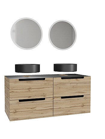 Meuble de salle de bains avec 2 vasques rondes et 2 miroirs ronds à led