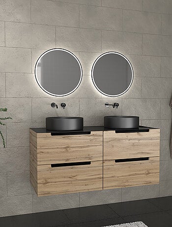 Meuble de salle de bains avec 2 vasques rondes et 2 miroirs ronds à led noir