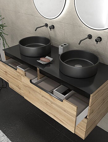 Meuble de salle de bains avec 2 vasques rondes et 2 miroirs ronds à led noir