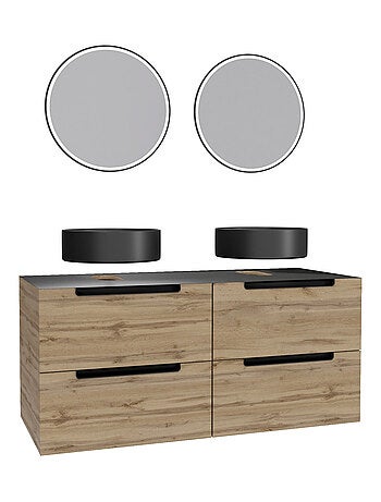 Meuble de salle de bains avec 2 vasques rondes et 2 miroirs ronds à led noir