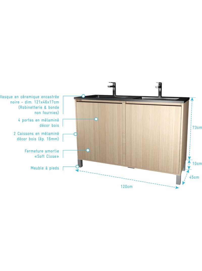 Meuble de salle de bains double vasque avec 4 portes Noir - Kiabi