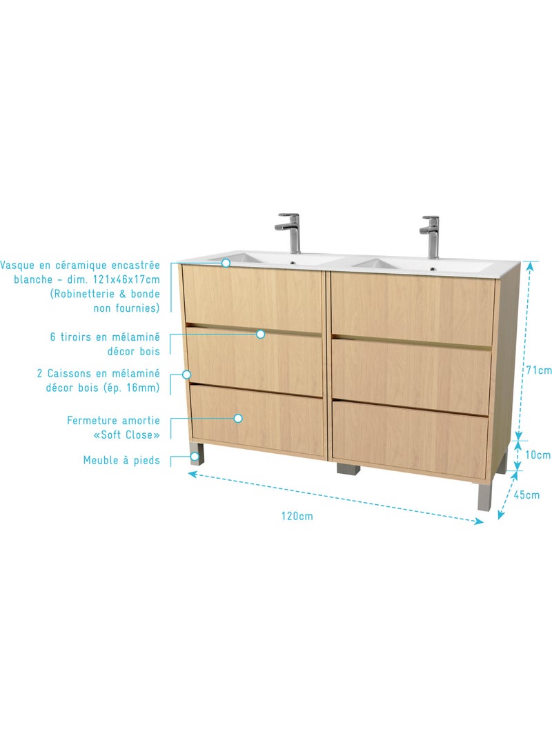 Meuble de salle de bains double vasque avec 6 tiroirs Beige clair - Kiabi