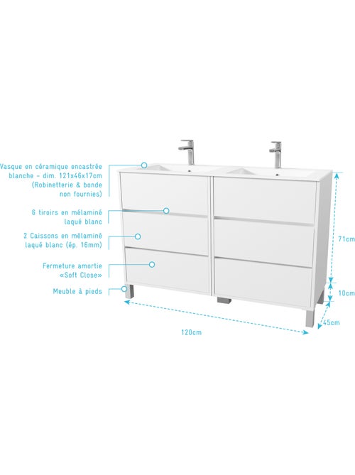 Meuble de salle de bains double vasque avec 6 tiroirs - Kiabi