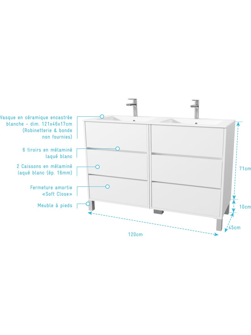Meuble de salle de bains double vasque avec 6 tiroirs Blanc - Kiabi
