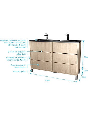 Meuble de salle de bains double vasque avec 6 tiroirs