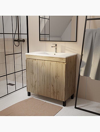 Meuble de salle de bains sur pieds 2 portes avec vasque en céramique