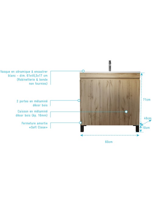 Meuble de salle de bains sur pieds 2 portes avec vasque en céramique - Kiabi