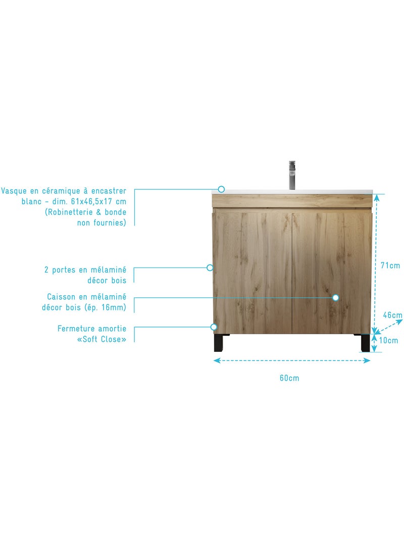 Meuble de salle de bains sur pieds 2 portes avec vasque en céramique Beige clair - Kiabi