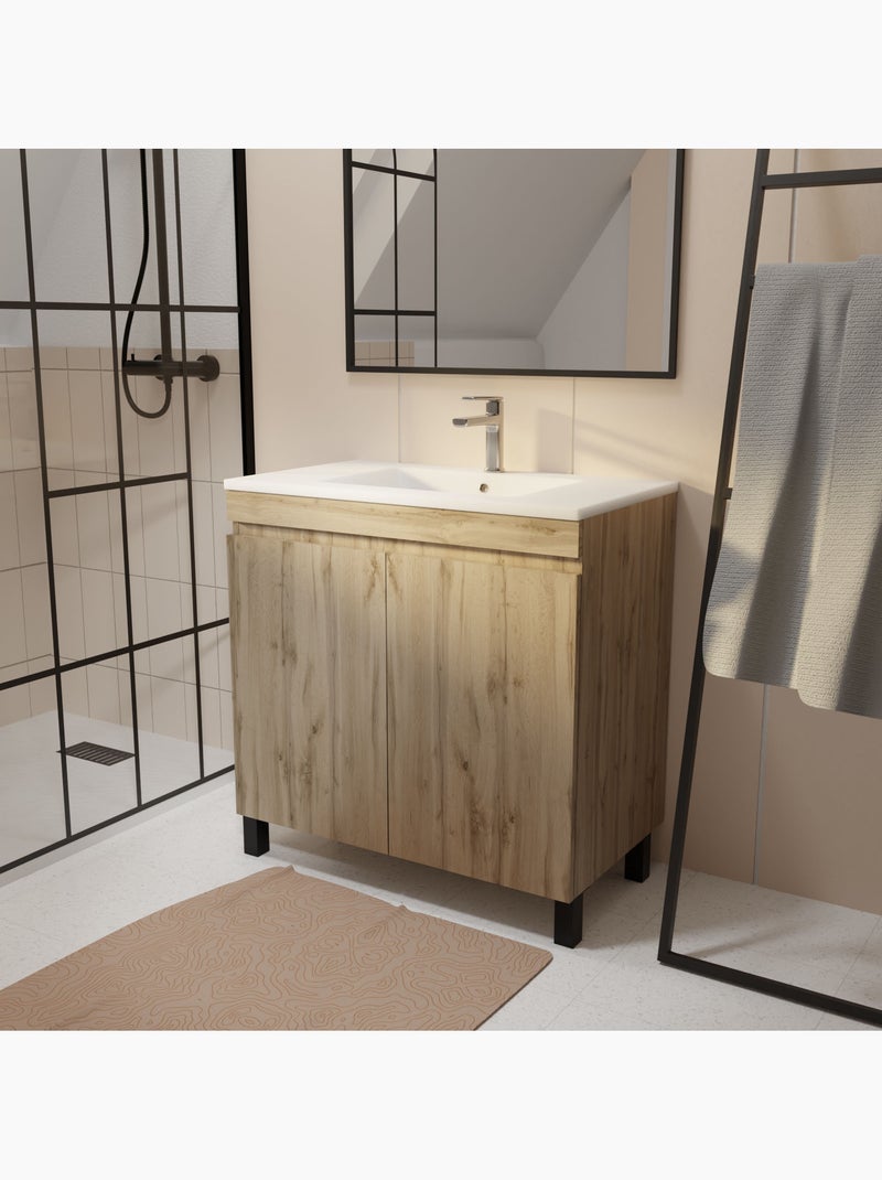 Meuble de salle de bains sur pieds 2 portes avec vasque en céramique Beige clair - Kiabi
