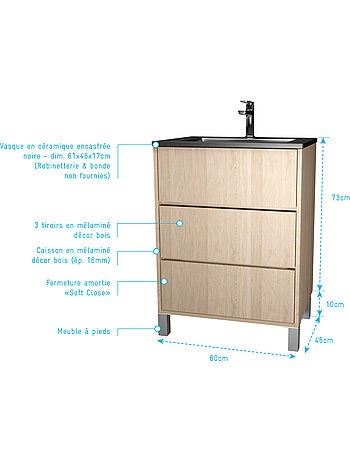 Meuble de salle de bains sur pieds avec 3 tiroirs et vasque en céramique