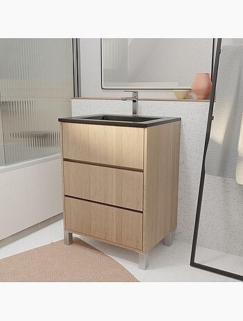 Meuble de salle de bains sur pieds avec 3 tiroirs et vasque en céramique