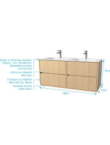 Meuble de salle de bains suspendu double vasque avec 4 tiroirs