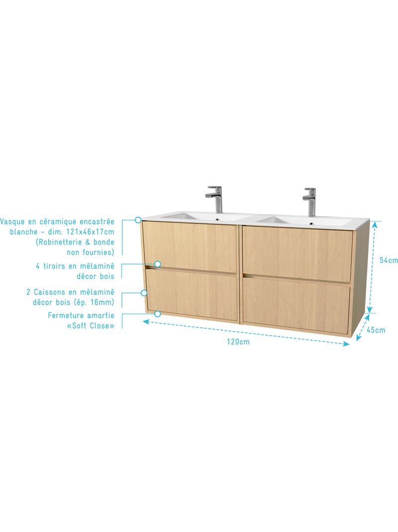 Meuble de salle de bains suspendu double vasque avec 4 tiroirs Beige clair - Kiabi