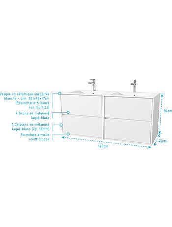 Meuble de salle de bains suspendu double vasque avec 4 tiroirs
