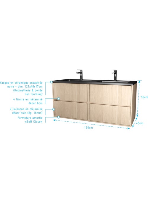 Meuble de salle de bains suspendu double vasque avec 4 tiroirs - Kiabi Meuble de salle de bains suspendu double vasque avec 4 tiroirs - Kiabi