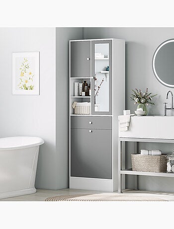 Meuble haut de salle de bain avec miroir nombreux rangements blanc gris