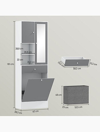 Meuble haut de salle de bain avec miroir nombreux rangements blanc gris