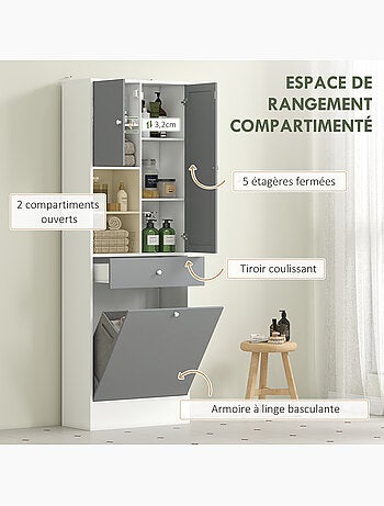 Meuble haut de salle de bain avec miroir nombreux rangements blanc gris