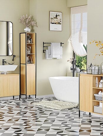 Meuble salle de bain - porte, 3 niches - acier noir aspect bois clair