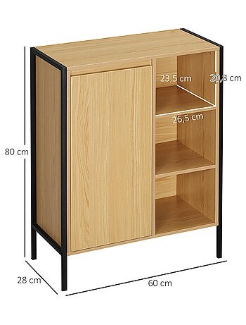 Meuble salle de bain - porte, 3 niches - acier noir aspect bois clair