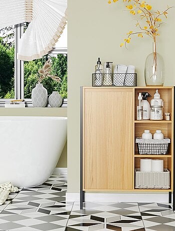 Meuble salle de bain - porte, 3 niches - acier noir aspect bois clair