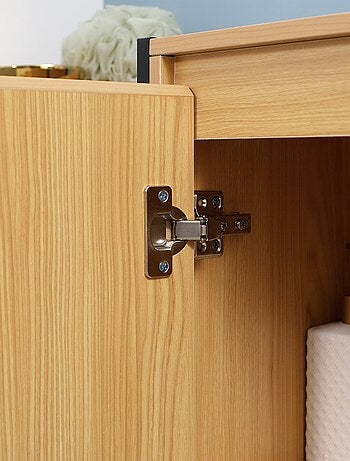 Meuble salle de bain - porte, 3 niches - acier noir aspect bois clair