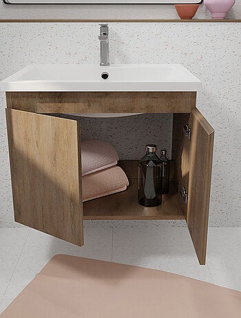 Meuble salle de bain à suspendre en bois avec vasque encastrée