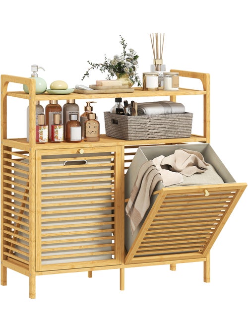 Meuble salle de bain en bambou avec 2 paniers à linge et 2 étagères, 82x33x88cm, bois naturel - Kiabi