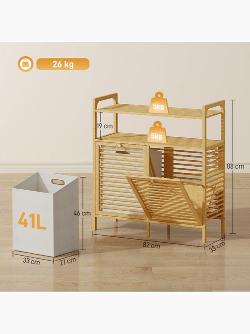 Meuble salle de bain en bambou avec 2 paniers à linge et 2 étagères, 82x33x88cm, bois naturel - Kiabi