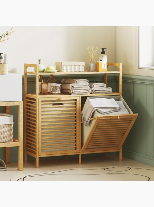 Meuble salle de bain en bambou avec 2 paniers à linge et 2 étagères, 82x33x88cm, bois naturel - Kiabi