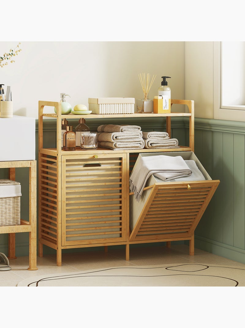 Meuble salle de bain en bambou avec 2 paniers à linge et 2 étagères, 82x33x88cm, bois naturel Marron - Kiabi
