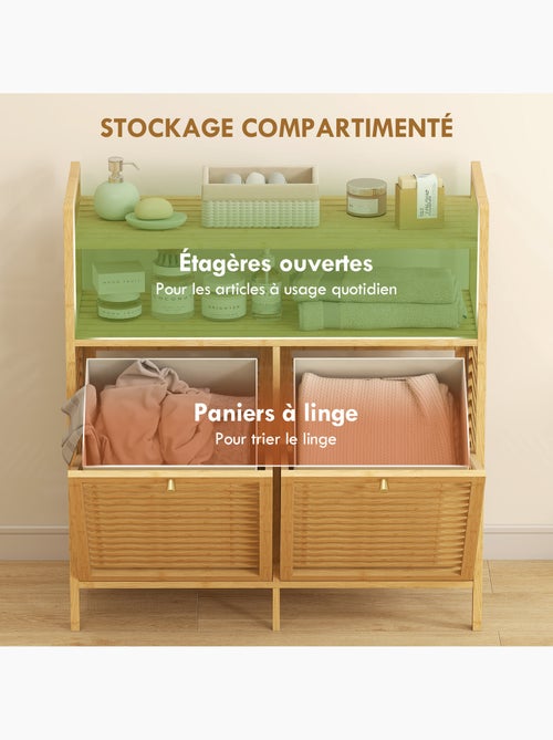 Meuble salle de bain en bambou avec 2 paniers à linge et 2 étagères, 82x33x88cm, bois naturel - Kiabi