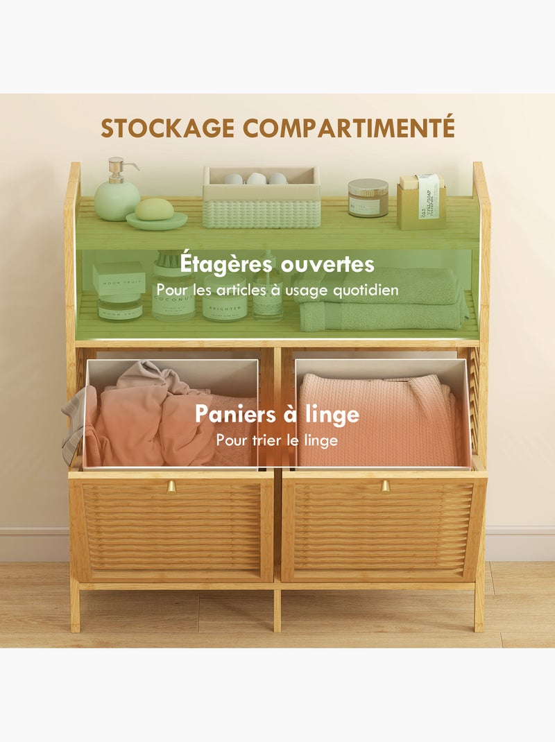 Meuble salle de bain en bambou avec 2 paniers à linge et 2 étagères, 82x33x88cm, bois naturel Marron - Kiabi